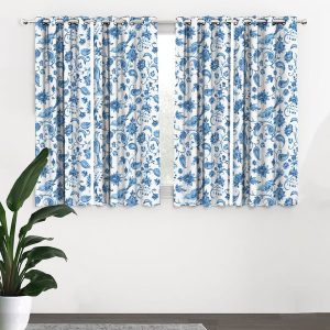 Set Of 4 White & Blue Floral Black Out Window Curtains