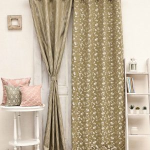 Olive Green & Beige 2 Pieces Floral Printed Room Darkening Long Door Curtain