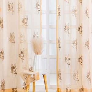 Gold-Toned & Brown 2 Pieces Floral Embroidered  Sheer Long Door Curtains