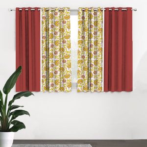 Yellow & Maroon Set of 4 Floral Black Out Window Curtain