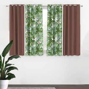 Brown & Green Set of 4 Floral Black Out Window Curtain