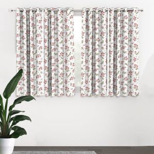 Off White & Pink Set of 4 Floral Black Out Window Curtain