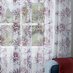 White & Maroon Floral Sheer Long Door Curtain