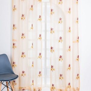 Gold-Toned & Red 2 Pieces Floral Embroidered Sheer Door Curtains