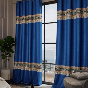 Versailles Navy Blue & Brown Set of 2 Ethnic Motifs Long Door Curtains