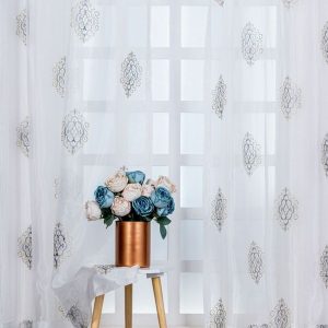 White & Grey Set of 2 Embroidered Sheer Window Curtain