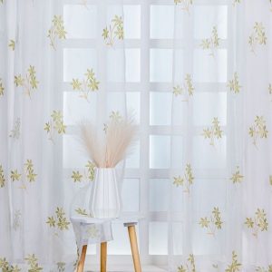 White & Green 2 Pieces Embroidered   Sheer Long Door Curtain