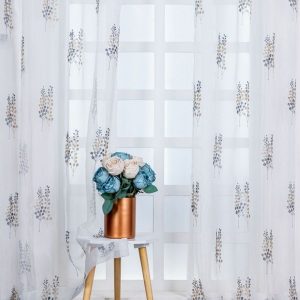 White & Grey 2 Pieces Embroidered Sheer Door Curtains