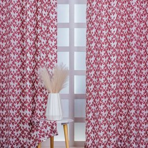 Red 4 Pieces Floral Printed Linen Door Curtain