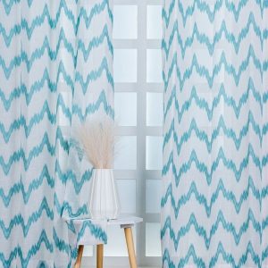 Blue & White Set of 2 Abstract Printed Linen Sheer Long Door Curtain