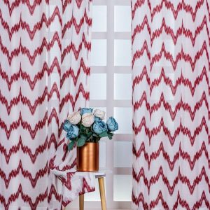 White & Red 4 Pieces Chevron Printed Linen Sheer Long Door Curtains