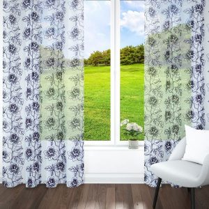 White & Violet Set of 2 Floral Printed Sheer Door Curtain