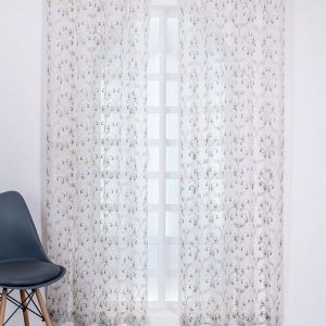 White & Brown 2 Pieces Embroidered Sheer Long Door Curtain