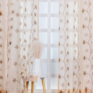 Brown Set of 2 Floral Sheer Long Door Curtain