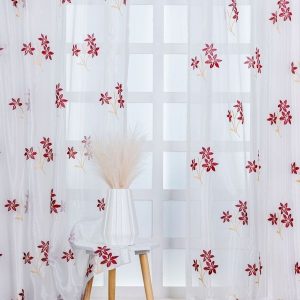 Maroon & White Set of 2 Floral Sheer Door Curtain