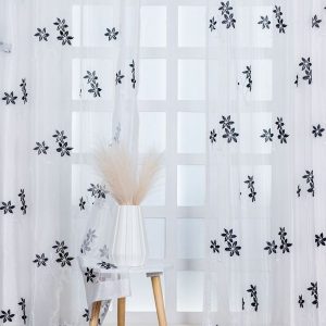 White & Black Set of 2 Floral Printed Sheer Door Curtain