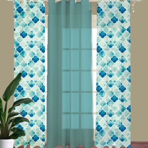 Set Of 3 Light Blue Geometric Printed Window Curtains