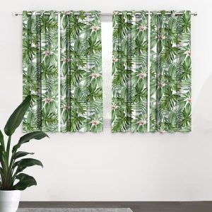 Green & White Set of 4 Black Out Window Curtains