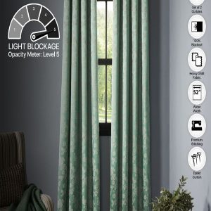 Fluorescent Green & Beige 2 Pieces Printed Black Out Long Door Curtain