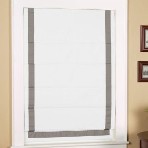 Cordless White Blackout Roman Shade with Gray Ribbon Border