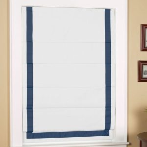 Cordless White Blackout Roman Shade with Navy Ribbon Border