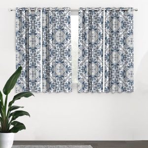 Blue & White Set of 4 Black Out Window Curtains
