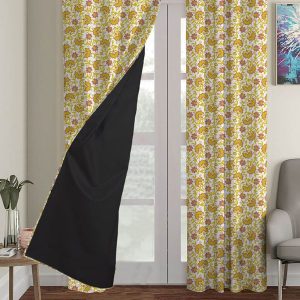 Set Of 3 White & Yellow Floral Printed Blackout Window Curtain
