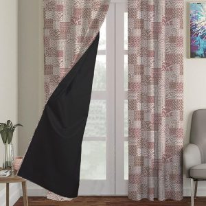 Cream-Coloured & Pink Set of 2 Black Out Long Door Curtains