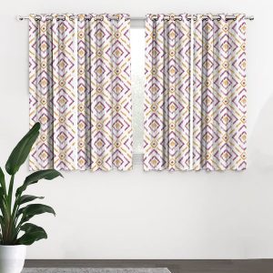 White & Purple Set of 4 Geometric Black Out Window Curtain