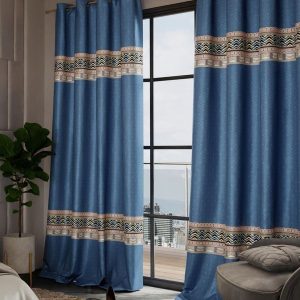 Versailles Navy Blue & Beige Set of 2 Ethnic Motifs Long Door Curtains