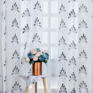 White & Black Set of 2 Embroidered Sheer Long Door Curtain