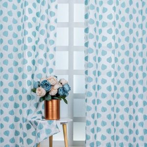 Turquoise Blue & White 4 Pieces Floral Printed Linen Long Door Curtains