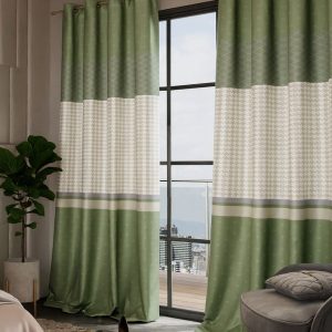 Versailles Olive Green & Cream-Coloured Set of 2 Geometric Long Door Curtains