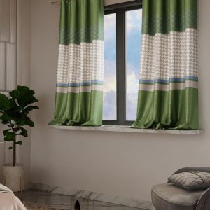 Versailles Olive Green & White Set of 2 Geometric Window Curtains