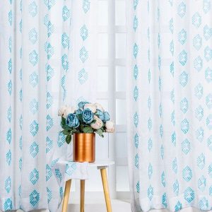 White & Blue Set of 2 Abstract Printed Linen Sheer Door Curtain