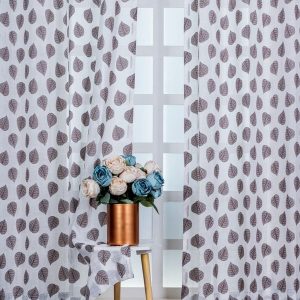 White & Brown Set of 2 Abstract Printed Linen Sheer Long Door Curtain