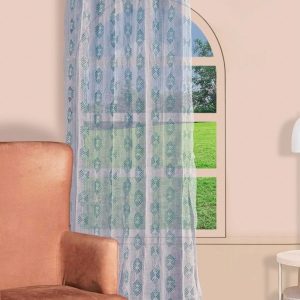 White & Blue  Set of 2 Geometric Printed Linen Sheer Door Curtain