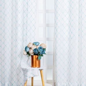 White & blue 2 Pieces Geometric Printed Linen Sheer Door Curtains
