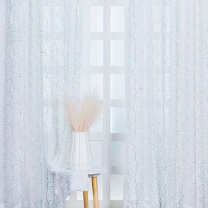 Green & White 4 Pieces Floral Printed Linen Sheer Door Curtains