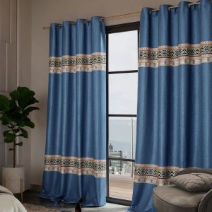 Versailles Navy Blue & Cream-Coloured Set of 2 Geometric Door Curtains
